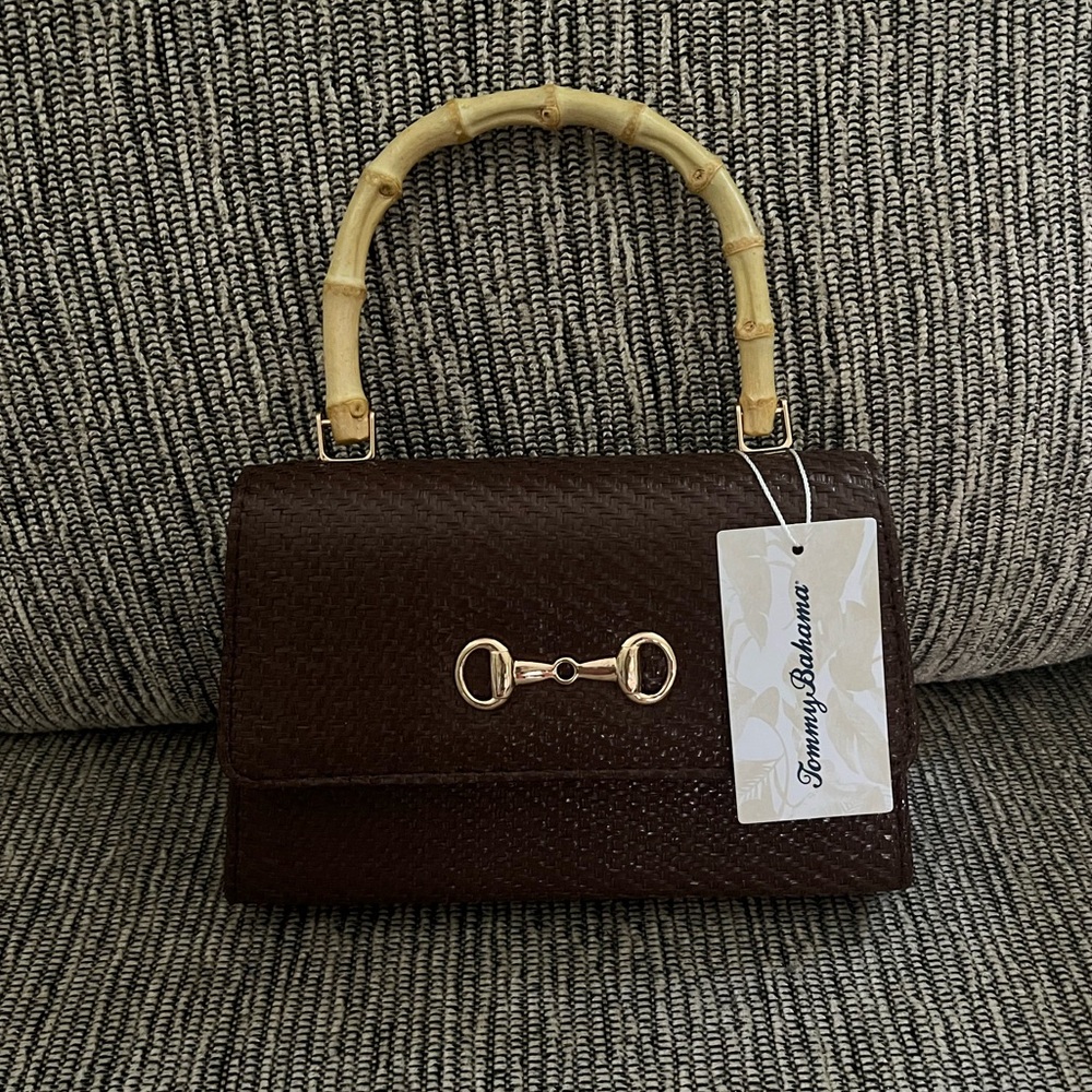 Tommy Bahama Brown Woven Top-Handle Bag with Bamboo Handle & detachable chain